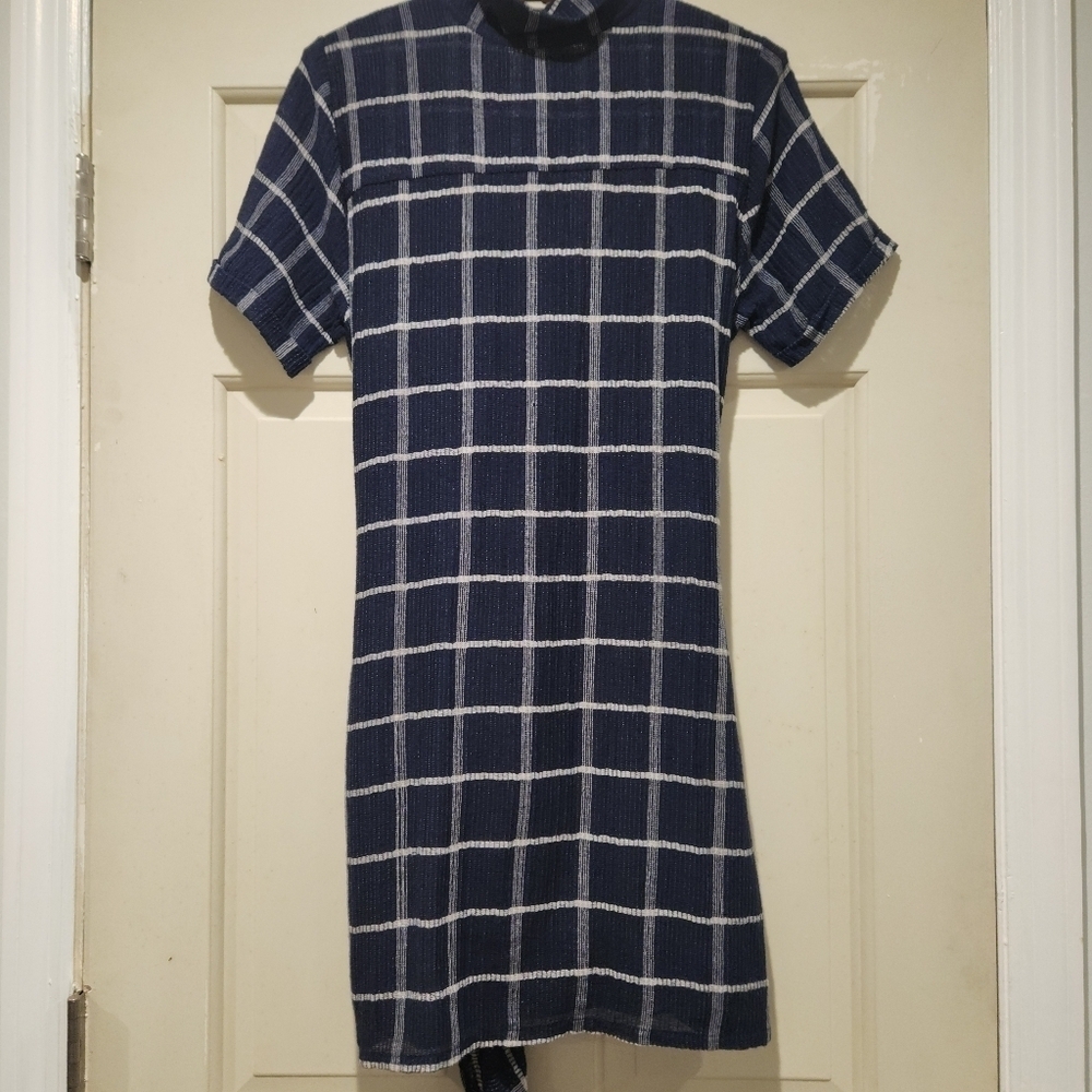 Dolan Anthropologie Breton Gauze Dress Navy Blue Plaid Tie Front Shirt Dress - Picture 3 of 11